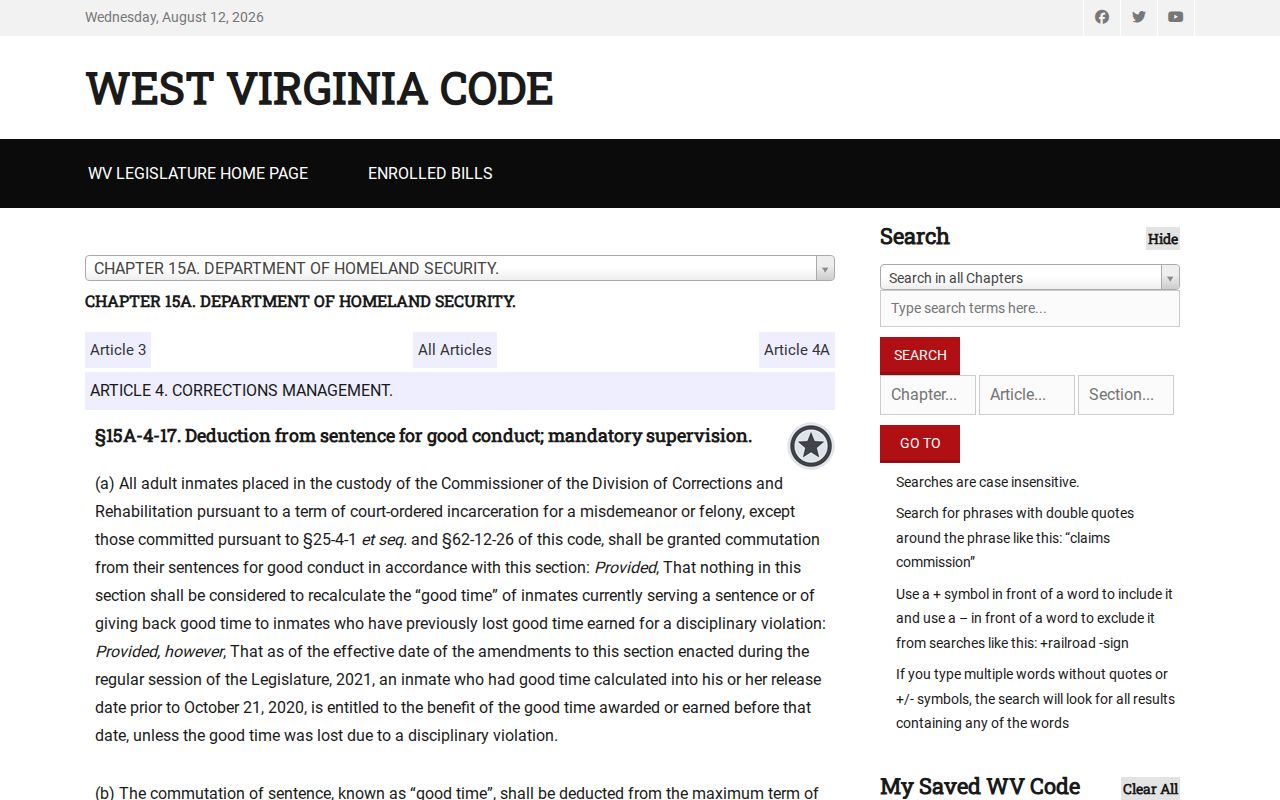 West Virginia release and good-time law in Section 15A-4-17
